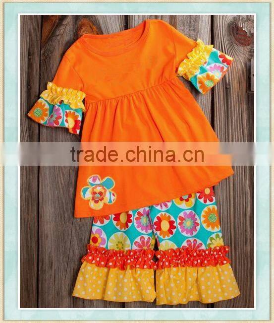 wholesale girls boutique olatest design orange flower outfit