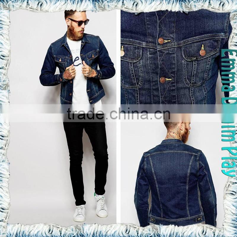 Fashion Long Sleeve Blue Denim Mens Skirts Casual Coat with Copper Button
