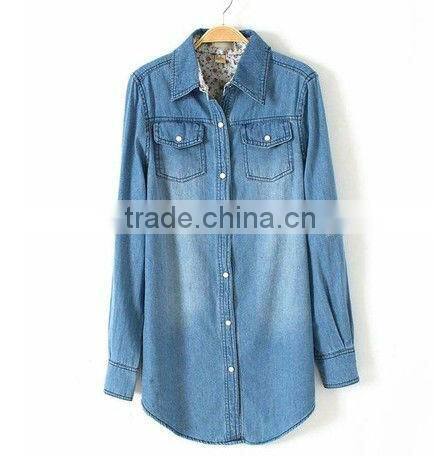 new lady's long sleeve loose casual contrast color denim shirt with two pockets