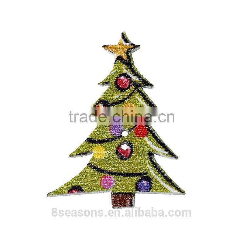 Cheap 3cmx2.3cm Christmas tree Green Two Holes Wood Button in Bulk