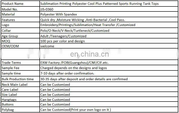 Sublimation Printing Polyester Cool Plus Patterned Sports Running Tank Tops