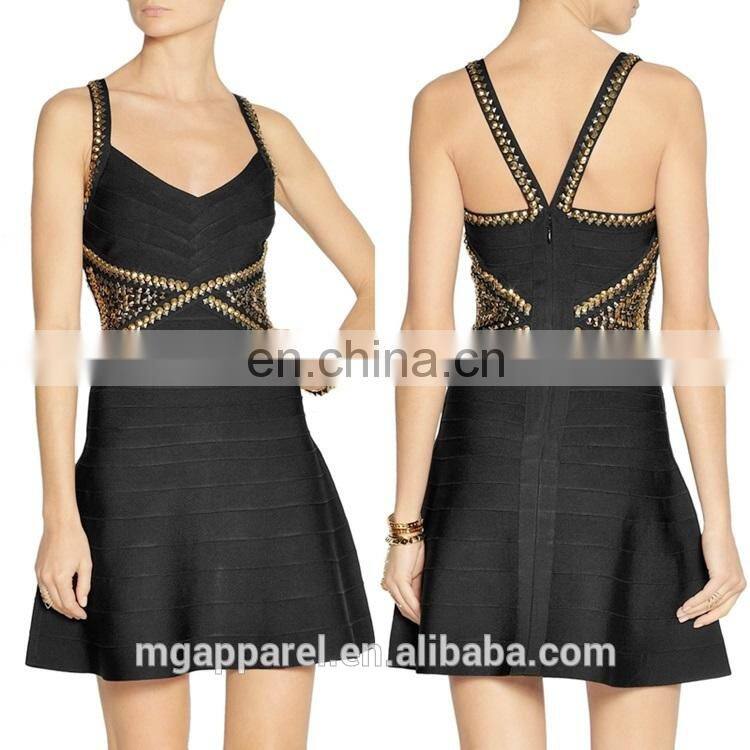 wholesale fashion women sexy bandage dress with flared skirt black stretch embellished cheap rayon bandage dress