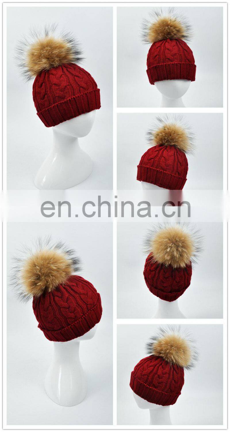 Wholesale Handmade Thick Warm Winter Hat With Natural Raccoon Fur Ball Knitting Baby Beanie