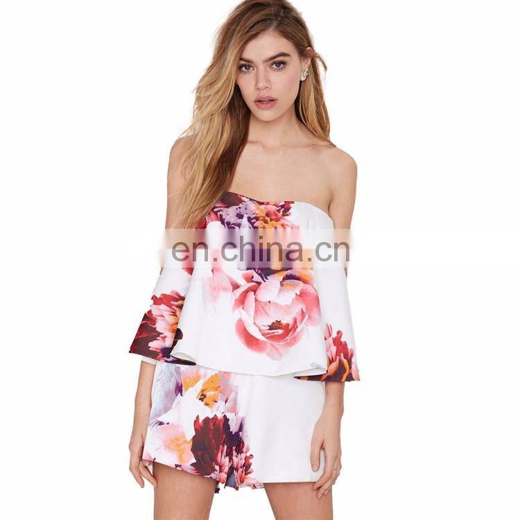 Fashion Ladies Off Shoulder Wrapped Layered Jumpsuit Custom Printed Floral Adult Romper Women