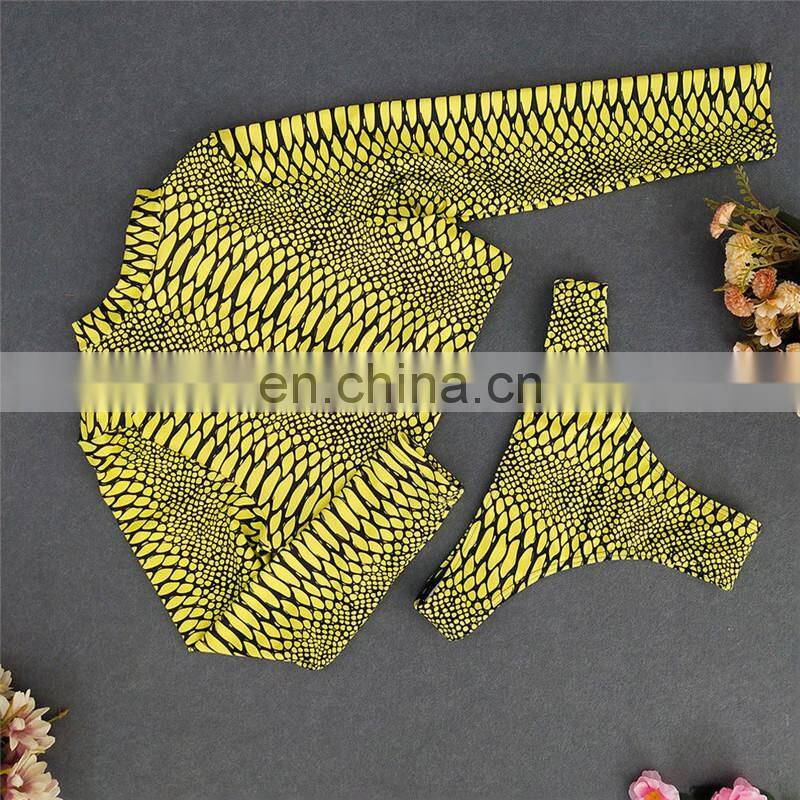 Women Sexy Bikini Set Long Sleeve Zip Up High Neck Crop Top Swimsuit Snake Skin Printing Low Waist Thong Beachwear suit