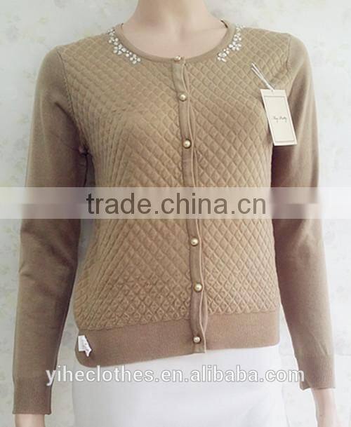 Lady plaid knitting wear beaded long sleeve sweater cardigan