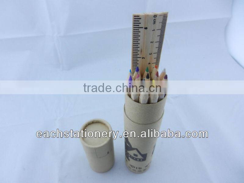 7''wooden color pencil set with ruler eraser and shapener in paper tube