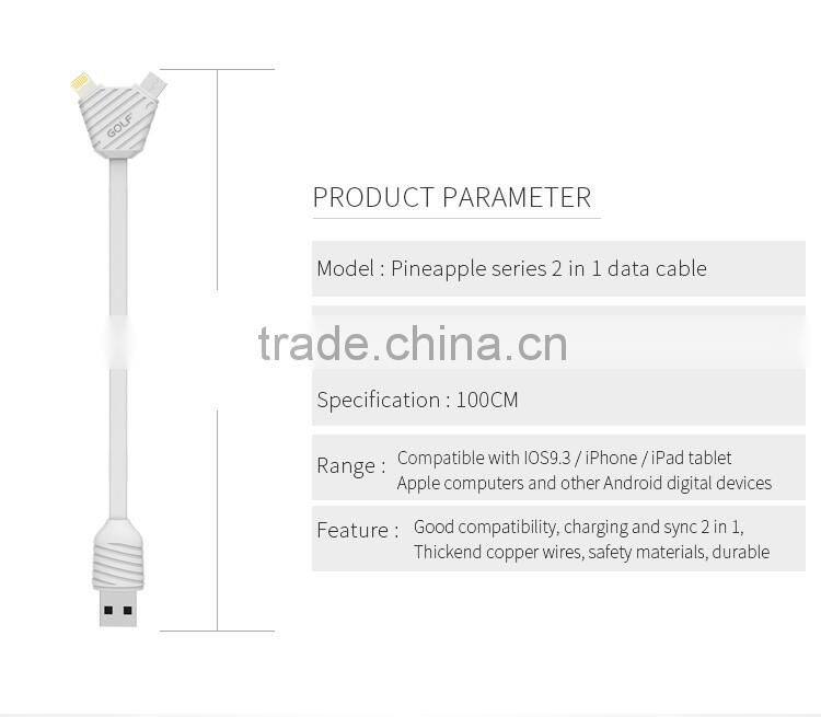 GOLF 2.1A Pineapple Series 2in1data cable for iphone 5/5s/6/6s/6plus 1m quick charge and data pinepple 2in1cable for micro phone