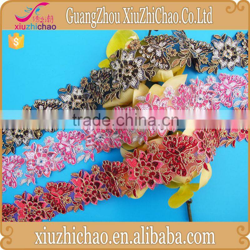 T0447-1 fashion design embroidery sequins border lace trimming for wedding dress