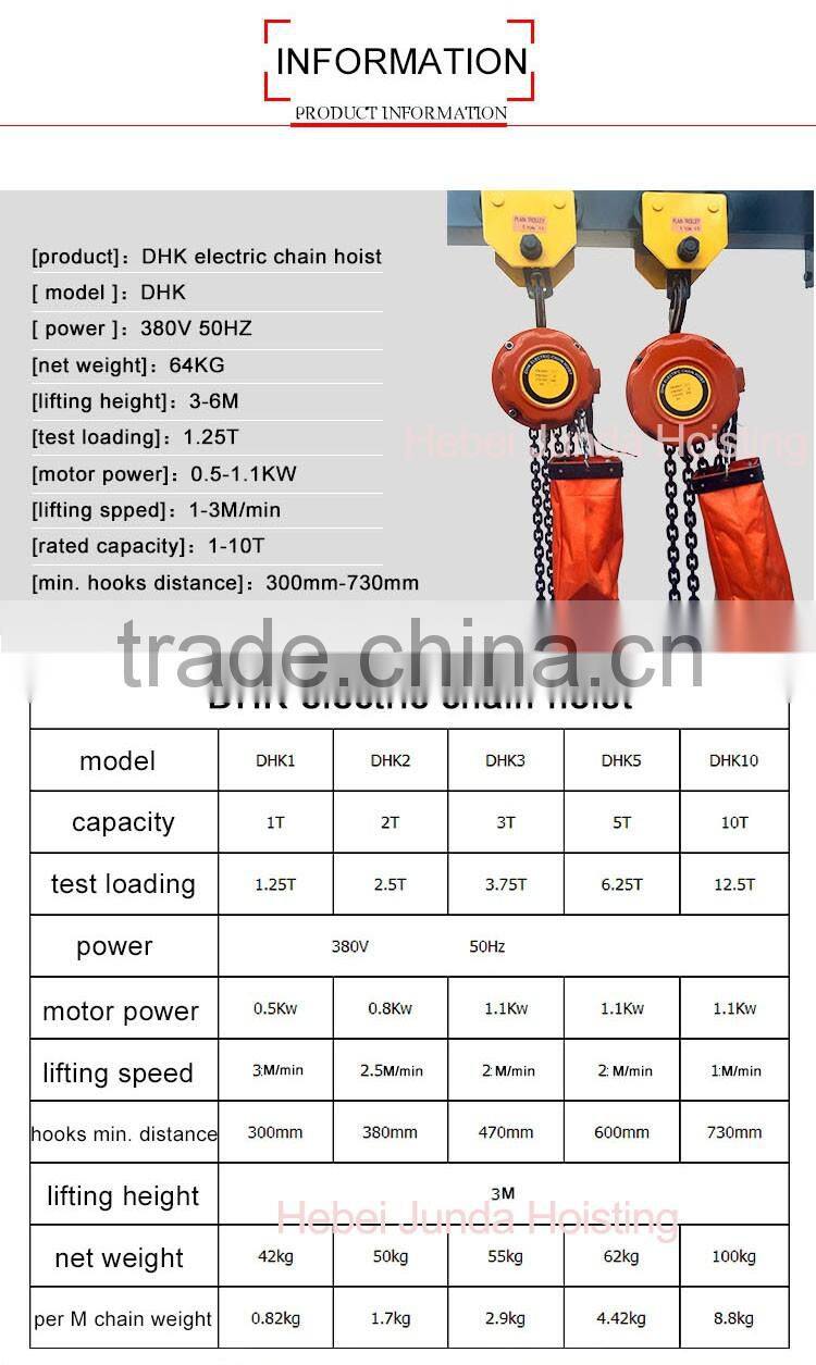 factory price electric chain hoist with chain bag 380V/3phase DHK Series 3M 1TON 2TON 3TON 5TON 10TON electric chain hoist