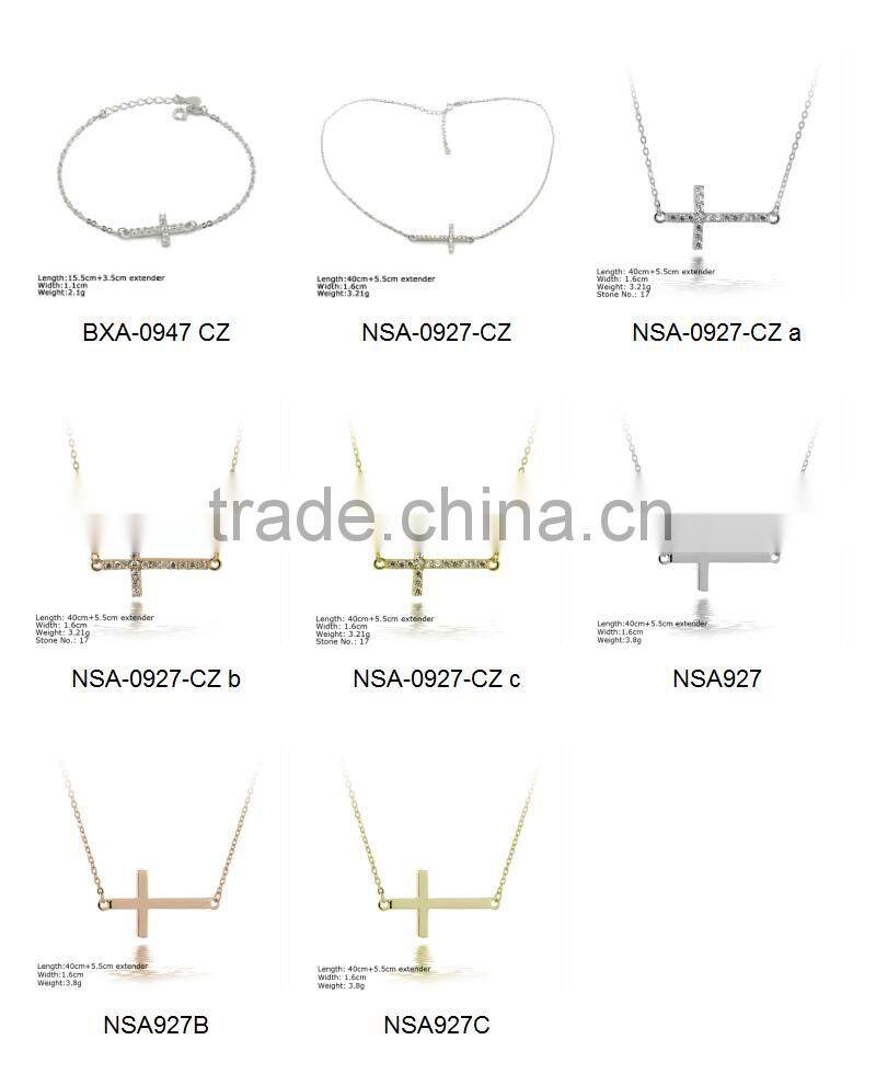 NSA-0927-CZ Silver Necklace 925 Sterling Necklace with CZ Stones Sideway Cross Necklace