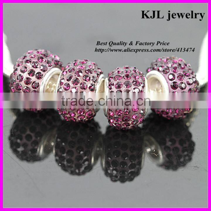 KJL-A0115 wholesale loose bling crystal amethyst paved large hole beads charm silver european beads