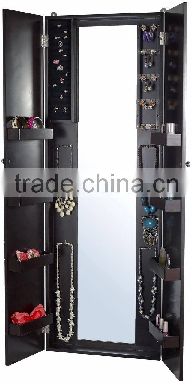 Wall Mounted Wooden Mirrored Jewelry Cabinet with Dressing Mirror inside and Carved Pattern on Two Doors Vintage Antique Designs