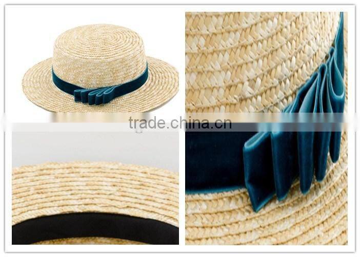 Classic Straw Skimmer Boater Hat with Navy Ribbon Band and Short Brim