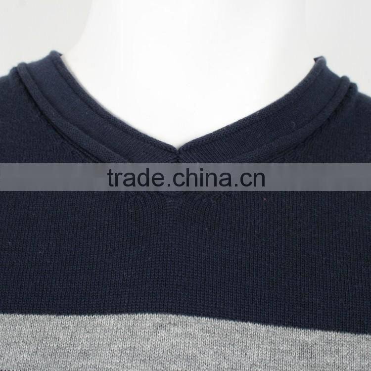 Mens V neck long sleeve pullover stripes 100%cotton fashion knitted sweater made in china