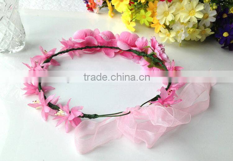 Fashion Mary Girl Flower Garland 100% handmade Pink Rose head ornament Hawaii wreaths