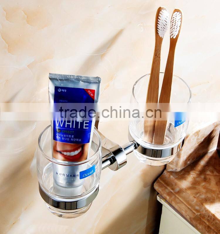 bathroom accessory with brass double cup holder for hotel family use.