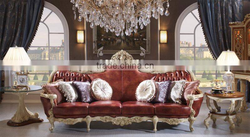 Luxury Solid Wood Red Leather Sofa, Royal Living Room Leather Sofa