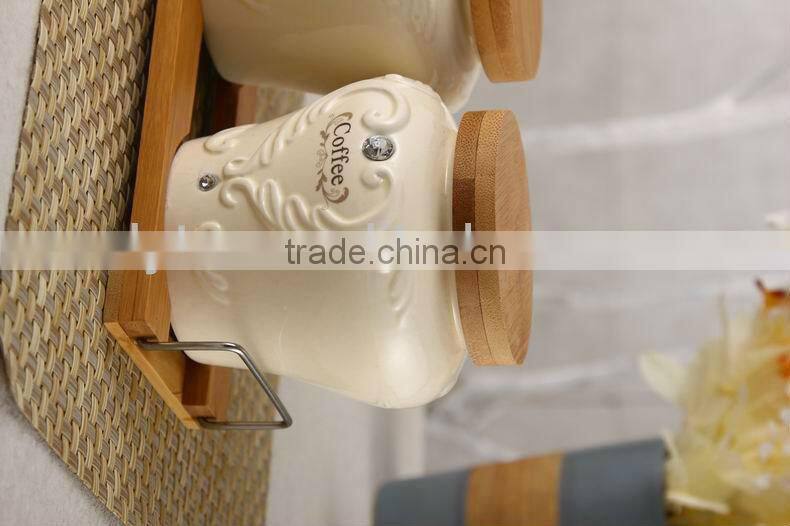 ceramic canister set with bamboo stand