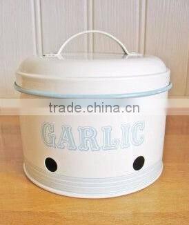Vintage Style Cream Enamel Garlic Storage Tin