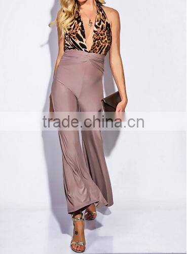 New sexy women backless COLOR BLOCK RUCHED DRAPE HALTER fit bodycon PARTY WIDE LEG JUMPSUIT OEM cheap