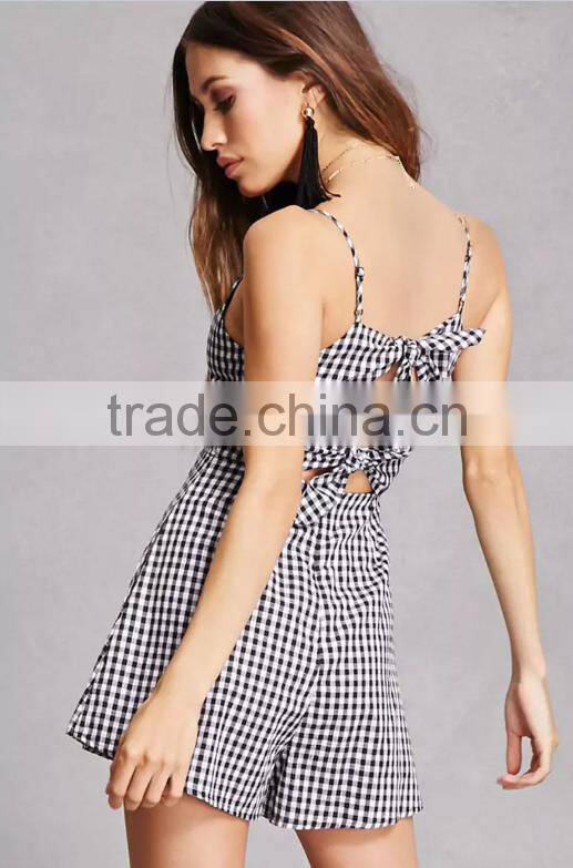 Fashion Spaghetti Straps Sleeveless Lush Gingham Tie-Back Sexy Womens Romper