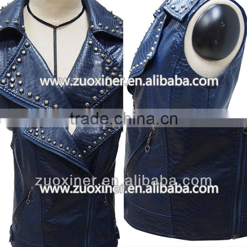 lady Imitation snakeskin leather pu waistcoat with metal zip and snap on front