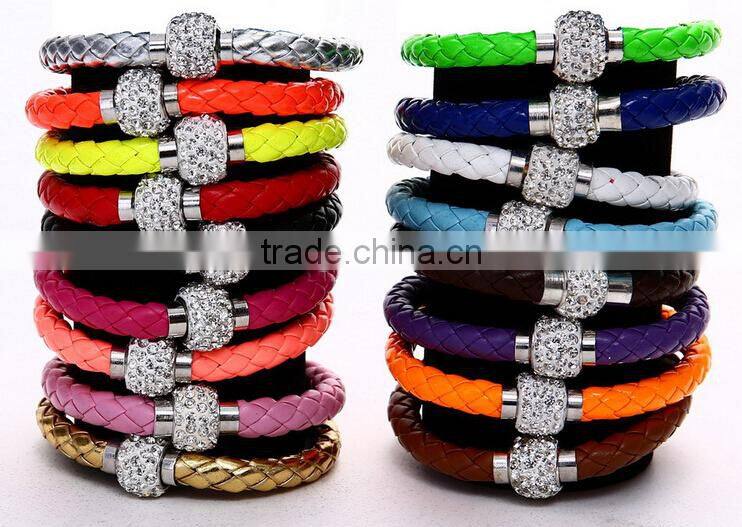 Leather Wrap Wristband Cuff Punk Magnetic Rhinestone Buckle Bracelet Bangle