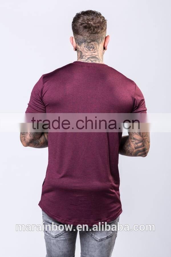 Burgundy 100% Polyester Dri Fit T Shirt Mens Short Sleeve Longline Curved Hem Tee Elongated T-Shirt Wholesale