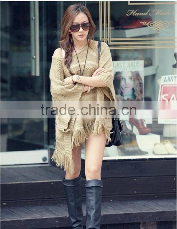 Spring smiles Korean style autumn and spring hollow out fashion solid khaki free size knit with tassel women sweater