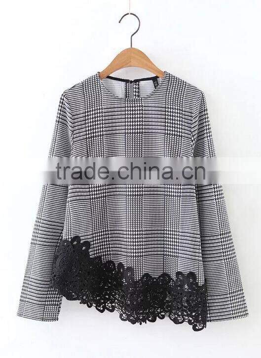 Runwaylover EY2378B Ladies 2017 Fashion Lace Splice Plaid Blouse