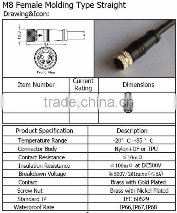M8 Female Molding Type Straight Waterproof Connector