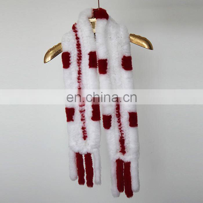 Fashion 2016 Genuine Rabbit Fur Knitted Women Scarf with Fur Trim Tassel