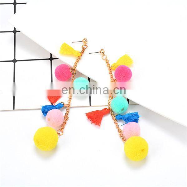 Punk Tassel Statement Chain Earring Colorful Fur Ball Dangle Stud Earring