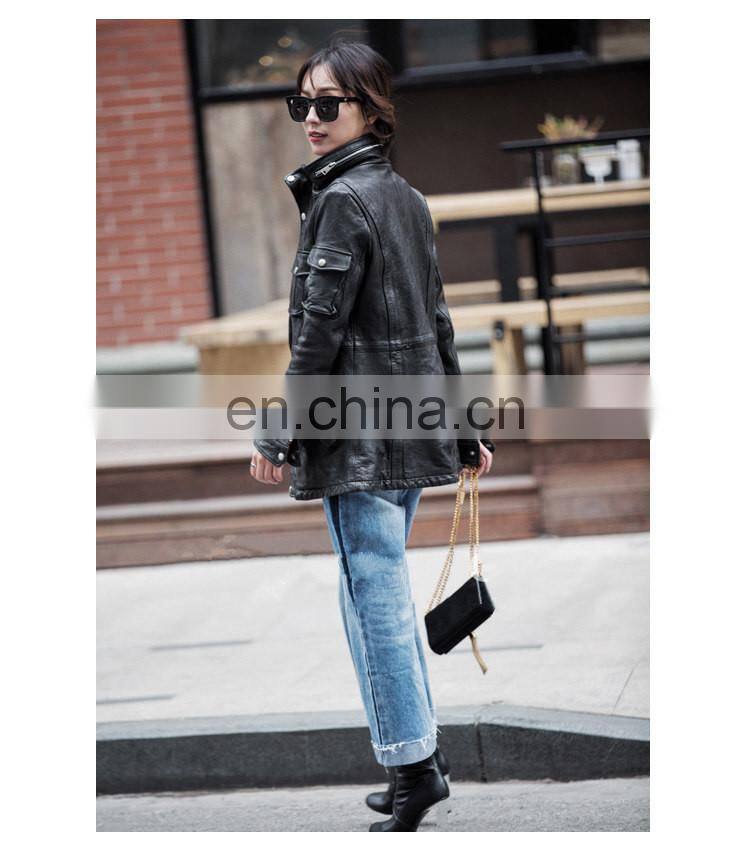High Quality Popular Young Women Real Sheep Leather Garment Spring Ladies Long Black Coat