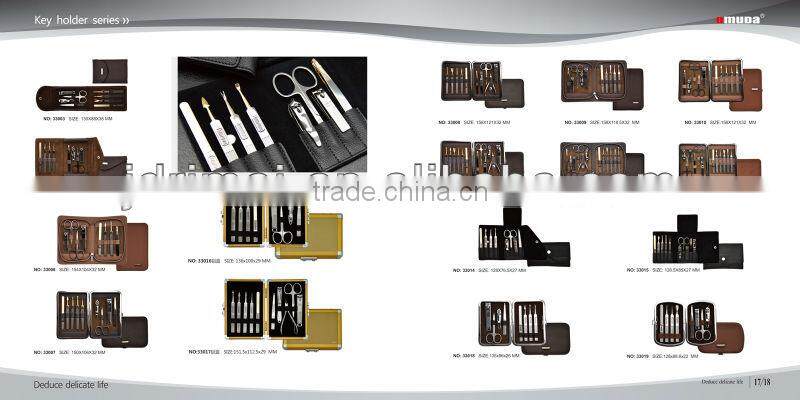 Travel manicure set in hard, purple leopard print case Vintage unused Hong Kong manicure set