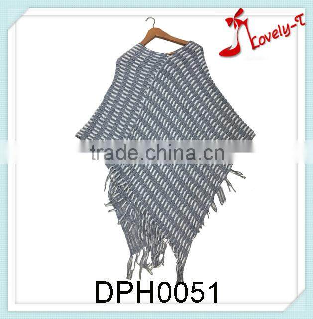 Hot sale mexican latest design stripes pullover crochet knit poncho sweater with tassels