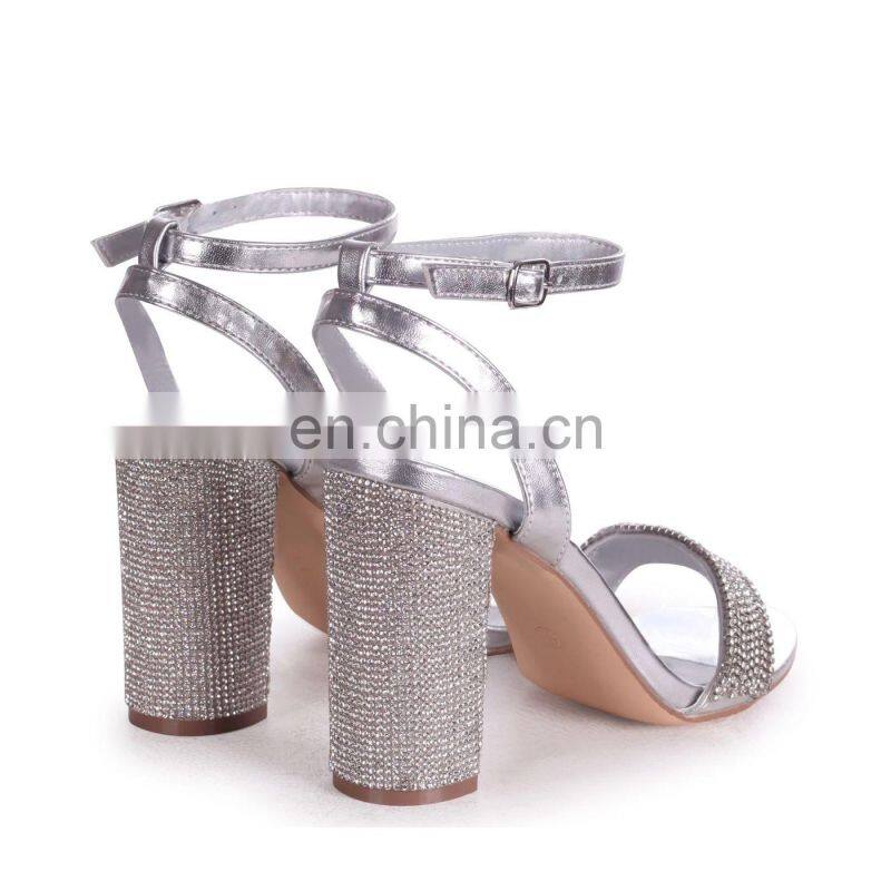 Ladies latest design high heels silver diamante embellished block heel women party sandals shoes other colors are available