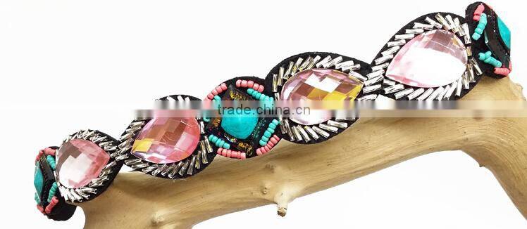 Wholesale Cheap Adjustable Latest Wide Sport Handmade Crystal Beaded Elastic Hair Band
