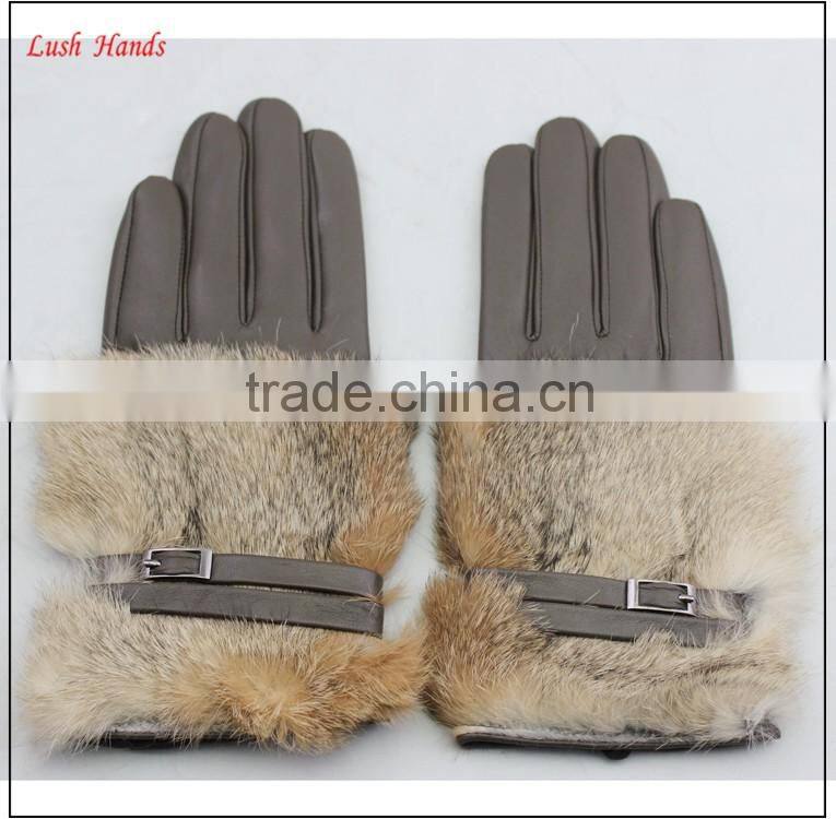 women's grey wholesale sheepskin dresses leather gloves with brown rabbit fur