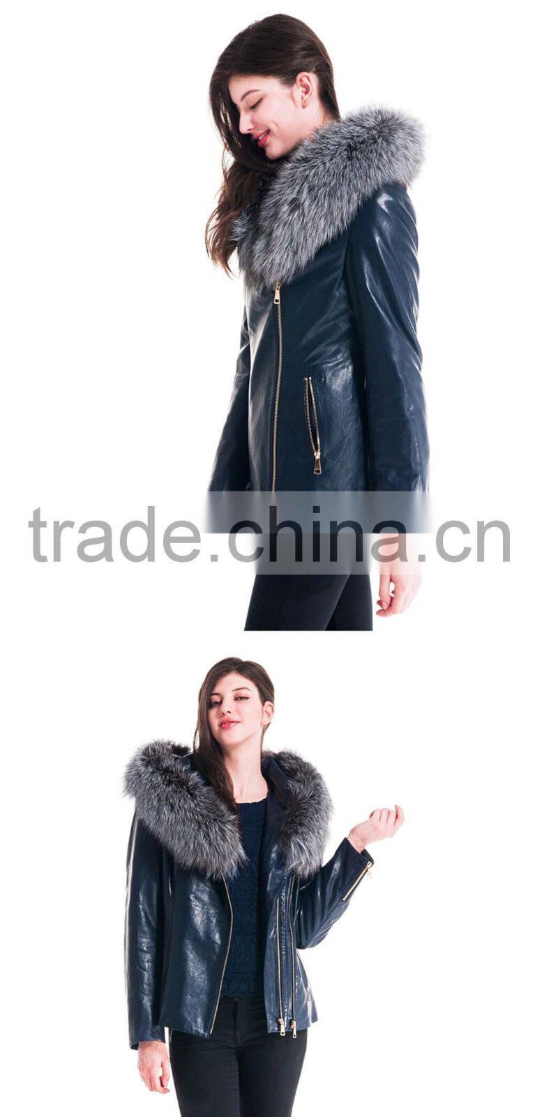2015 New Design Women Leather Winter Jacket With Short Silver Fox Hat Overcoat