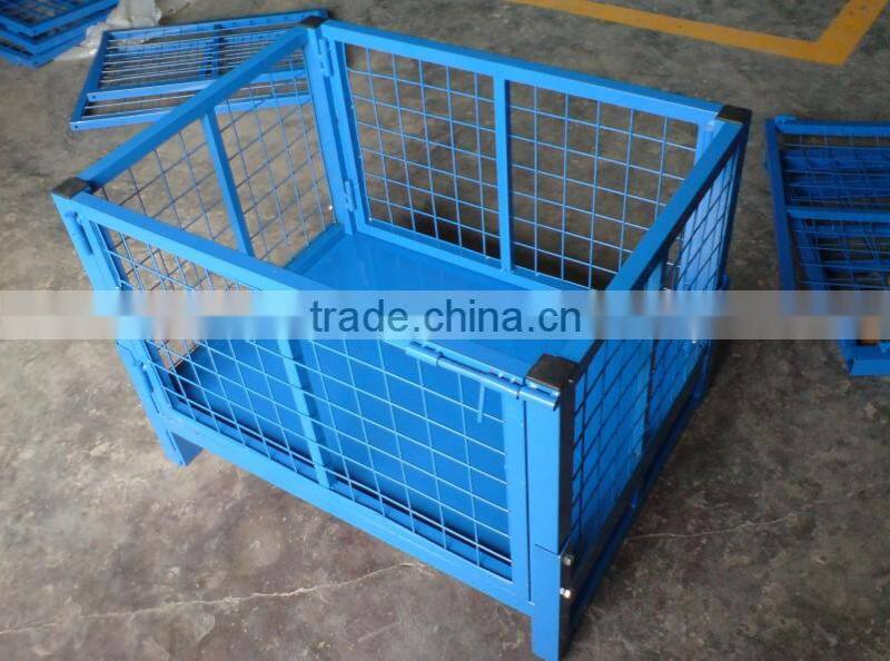 Folding industrial galvanized folding mesh box wire storage cage with wheels