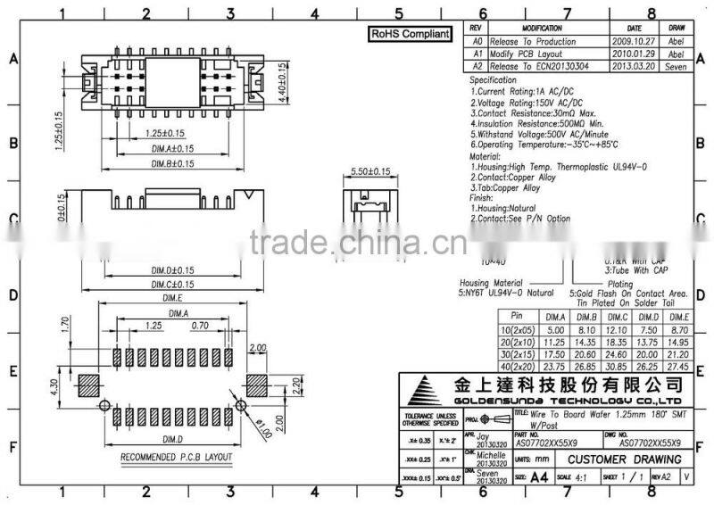 1.25mm pitch SMT Electronic Wire to Board 40 Pin Connector 10, 20, 30 40 Pin Available