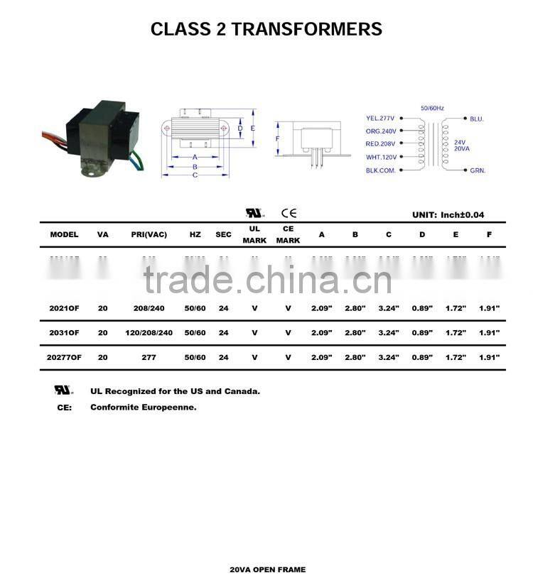 Class 2 UL CUL CSA CE 5VA 10VA 15VA 20VA 30VA 50VA 40VA 60VA transformer For HVAC