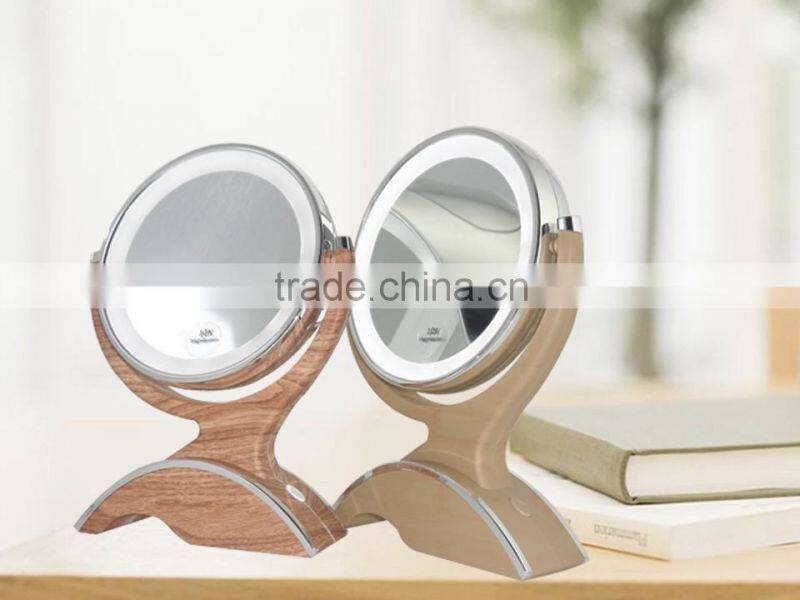 Double sided Wood Like Makeup Mirror with LED Light