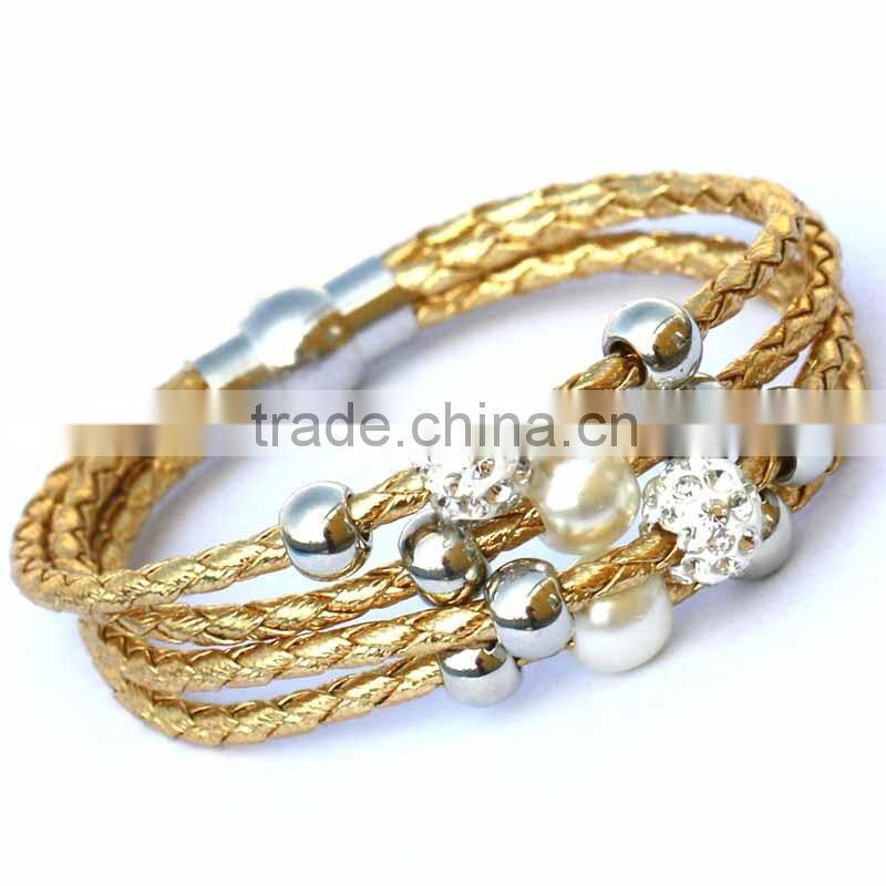 Lady PU Leather Cuff Wrap Wristband Magnetic Buckle Bracelet with Sliding Beads