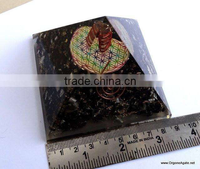 Quality Big Orgonite Black Tourmaline Pyramid With Flower Of Life Symbol With Crystal Point | Healing Pyramid