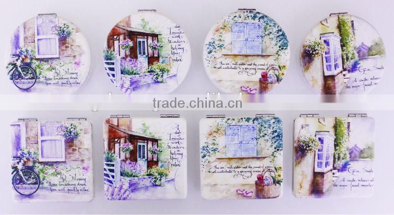 2014 hot scenery painting round make up mirrors for wholesale,MB133