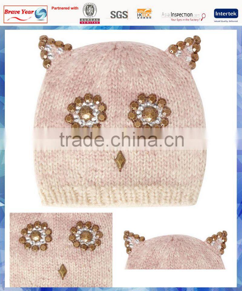 novelty owl face knitted hats made in china with studs ear nose and eyes