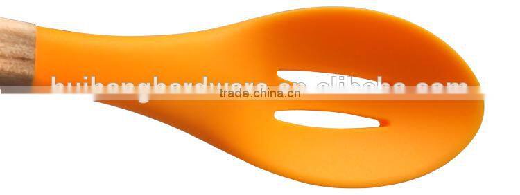F01-7 silicone slotted spoon, silicone slotted soup spoon with wooden handle